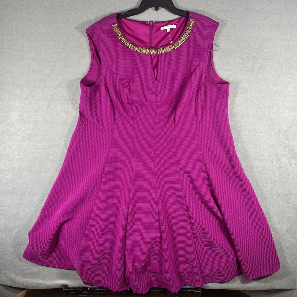 Studio One New York Plus Size 22W Fuchsia Embellished Neck A-Line Dress